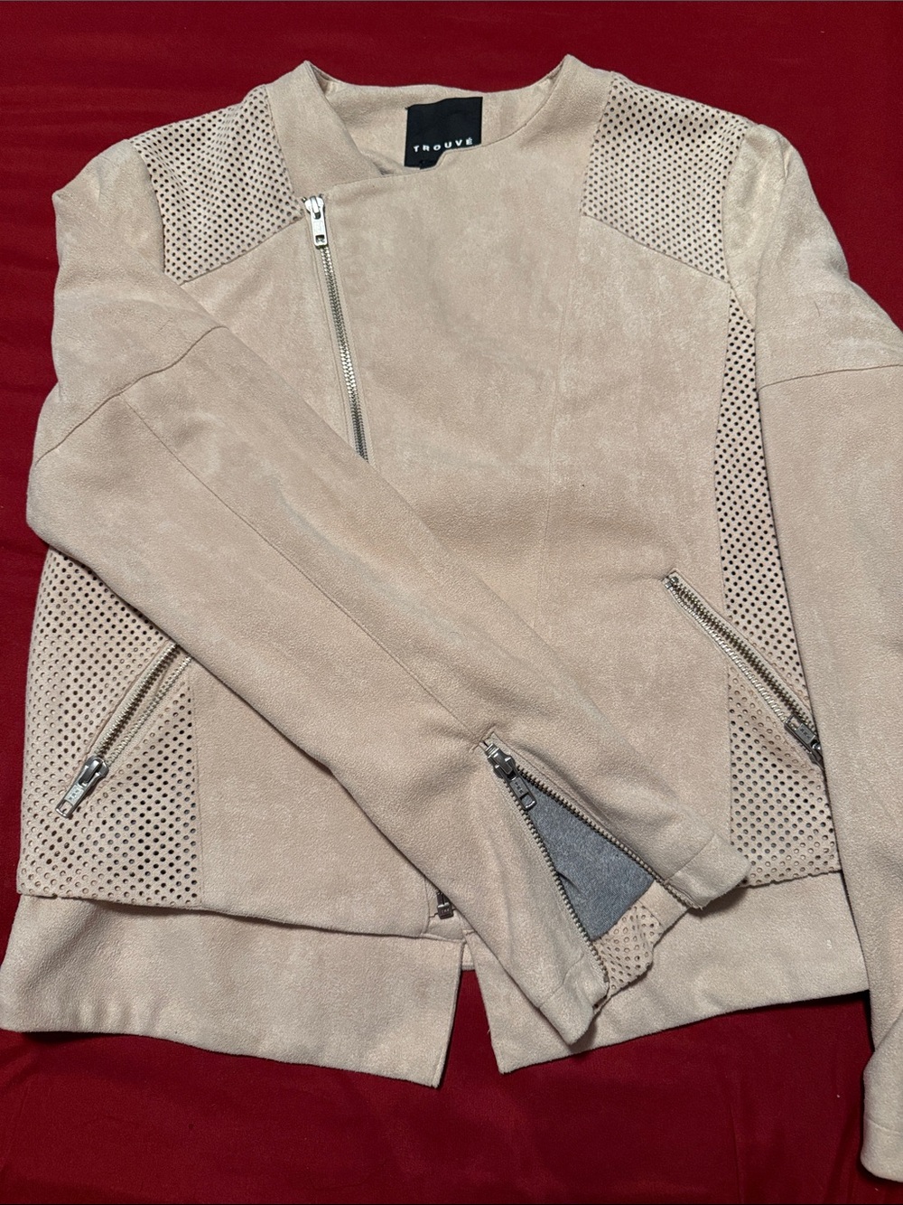 Trouve Dusty Blush Perforated Suede Moto Jacket